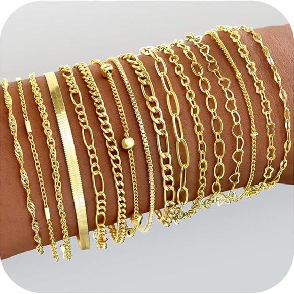 Jewelry - 16-Piece: Elegant Multi-Layered Chain Bracelet Set Gold Filled 18k